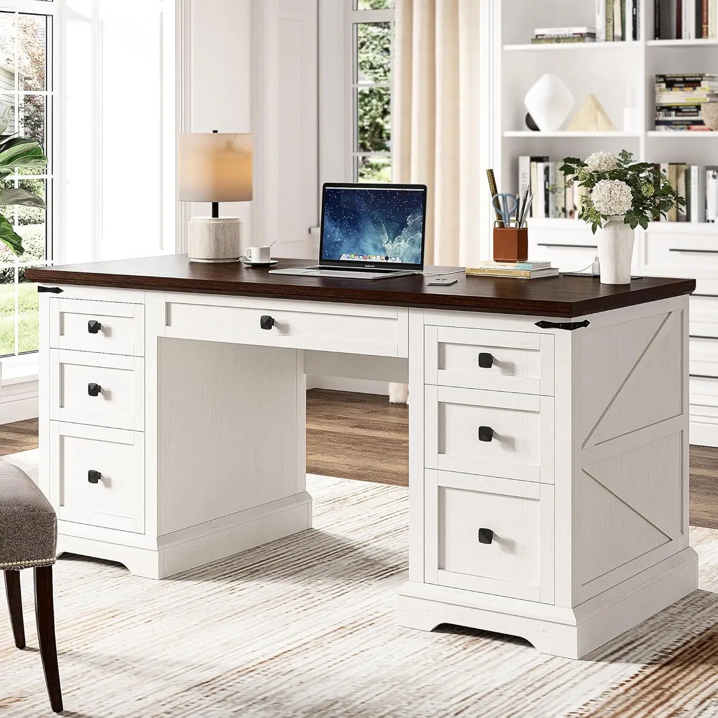 Executive Desk Wih 7 Drawers Farmhouse Computer Desk with Charging Station Wood Desk for Home Office Workspace for Work Study