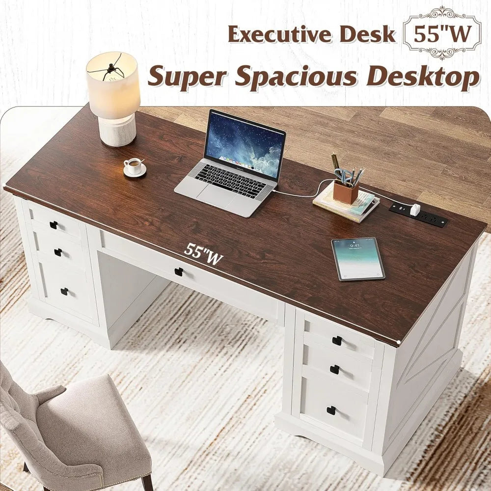 Executive Desk Wih 7 Drawers Farmhouse Computer Desk with Charging Station Wood Desk for Home Office Workspace for Work Study