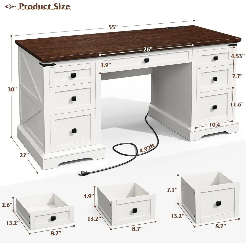 Executive Desk Wih 7 Drawers Farmhouse Computer Desk with Charging Station Wood Desk for Home Office Workspace for Work Study
