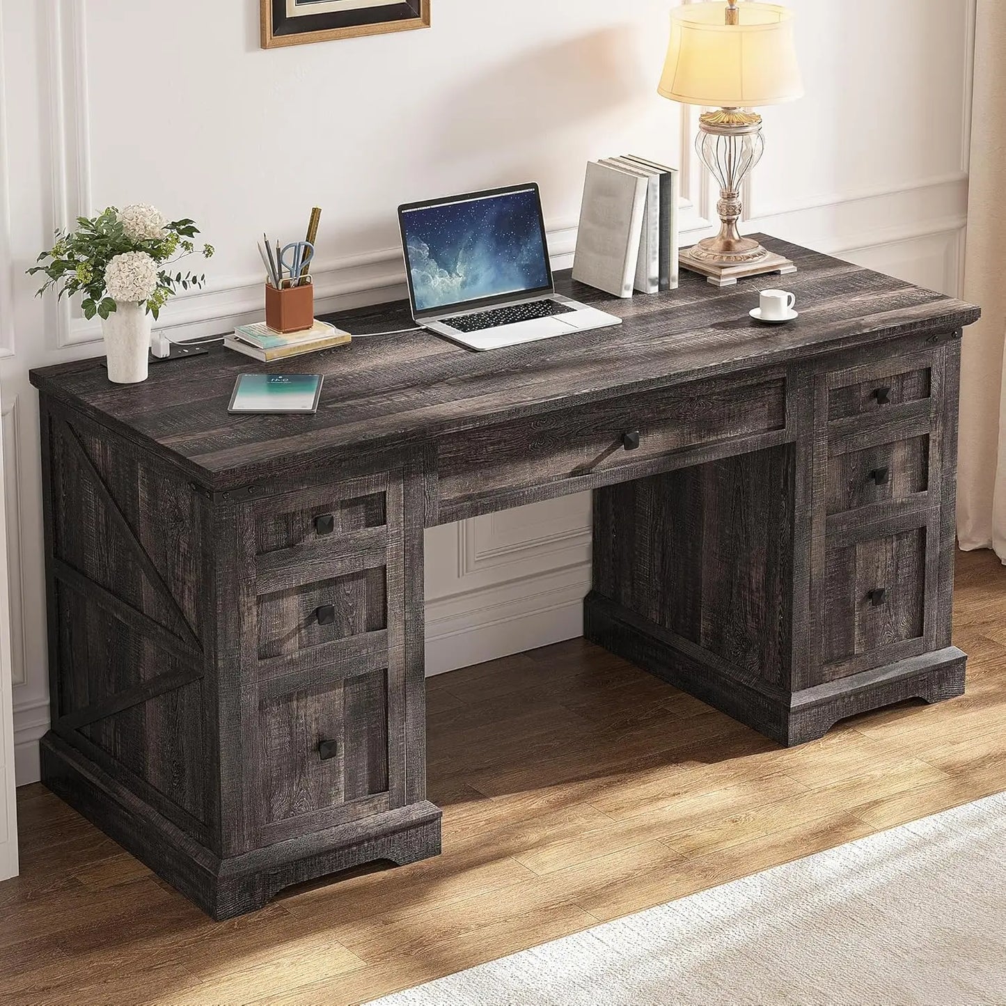 Executive Desk Wih 7 Drawers Farmhouse Computer Desk with Charging Station Wood Desk for Home Office Workspace for Work Study