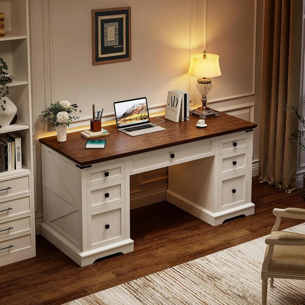 Executive Desk Wih 7 Drawers Farmhouse Computer Desk with Charging Station Wood Desk for Home Office Workspace for Work Study