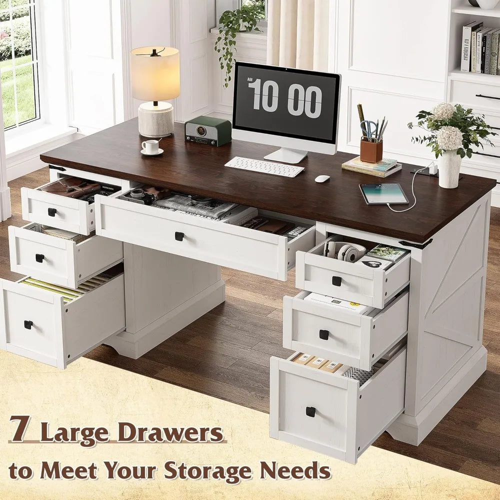 Executive Desk Wih 7 Drawers Farmhouse Computer Desk with Charging Station Wood Desk for Home Office Workspace for Work Study